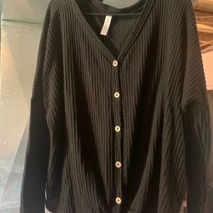 Waffle knit sweater, tie front with brown buttons